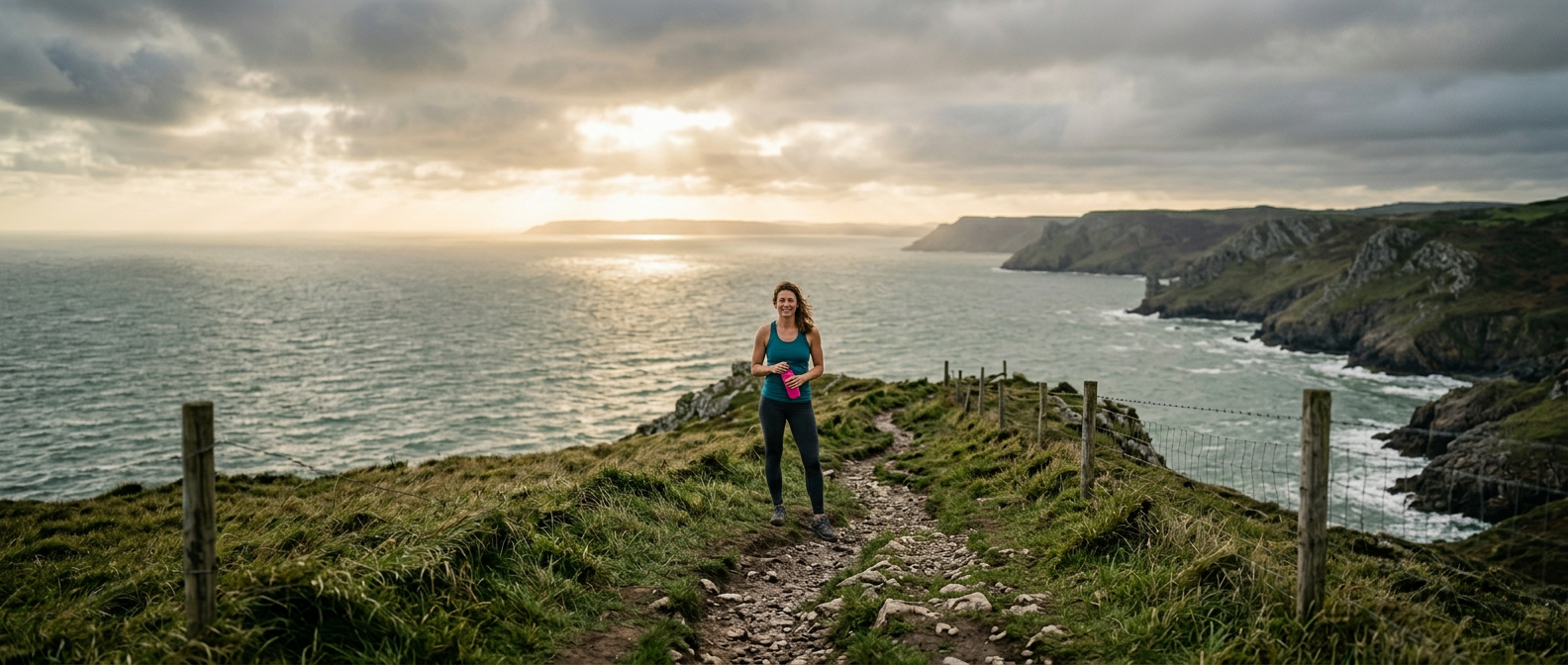 Woman standing confidently on Gower Peninsula coastal path near Swansea, representing the Mounjaro weight loss journey at Medihub Pharmacy