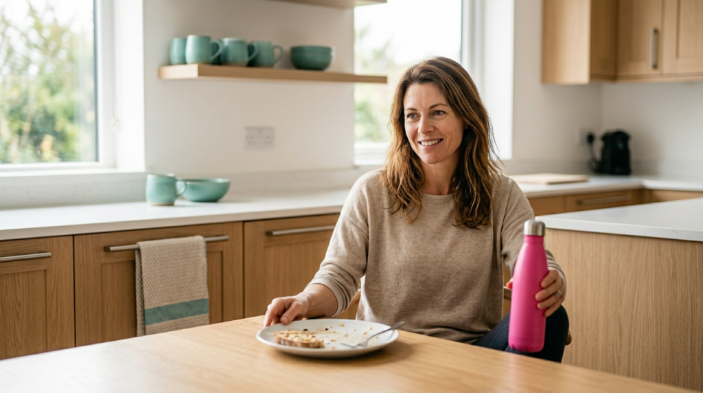 Woman at kitchen table, relaxed and in control of her eating habits