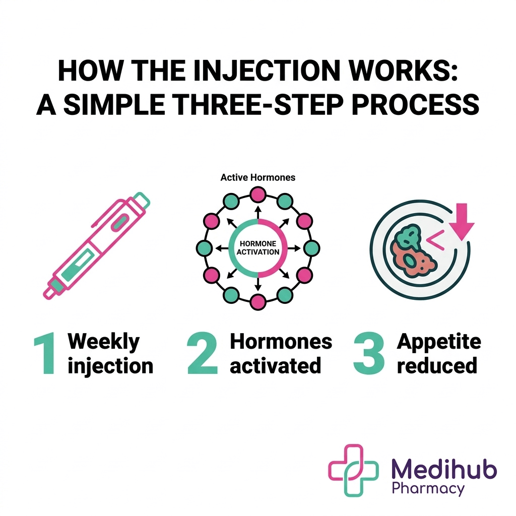 Three-step process infographic showing how Mounjaro and Wegovy weight loss injections work at Medihub Pharmacy Swansea: weekly injection, hormones activated, appetite reduced