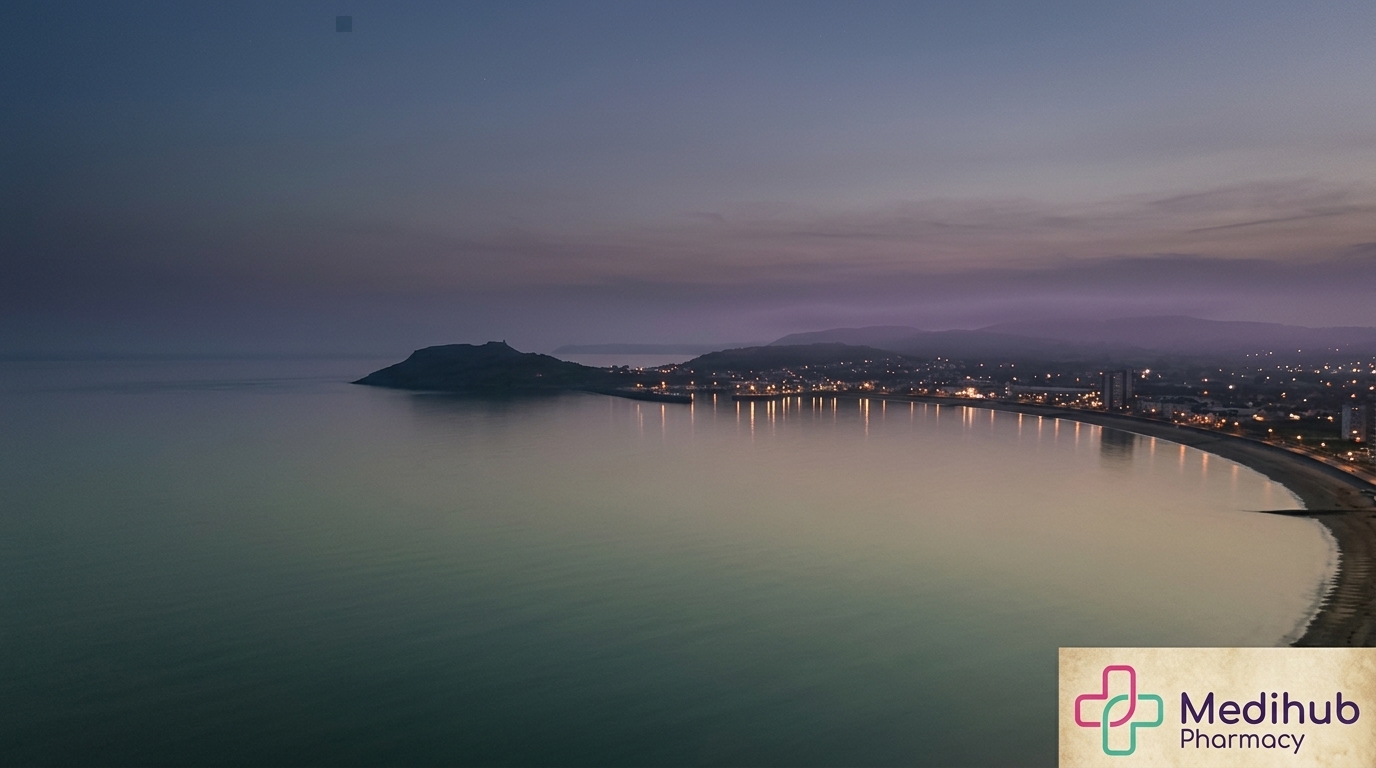 Swansea Bay at dusk representing the local area served by Medihub Pharmacy for Mounjaro treatment near me in Killay and Pontarddulais