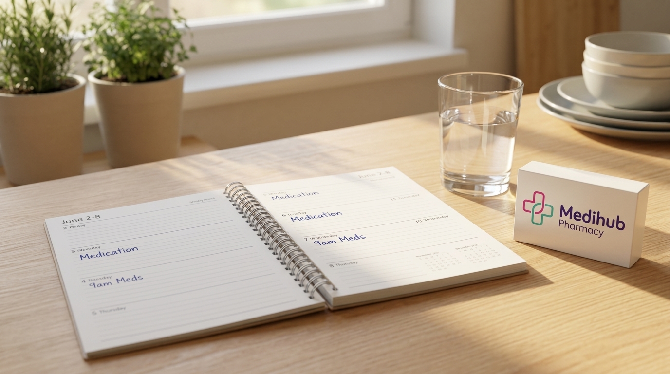 A weekly planner and medication box on a kitchen table representing the once-weekly Mounjaro treatment routine available near you at Medihub Pharmacy Swansea