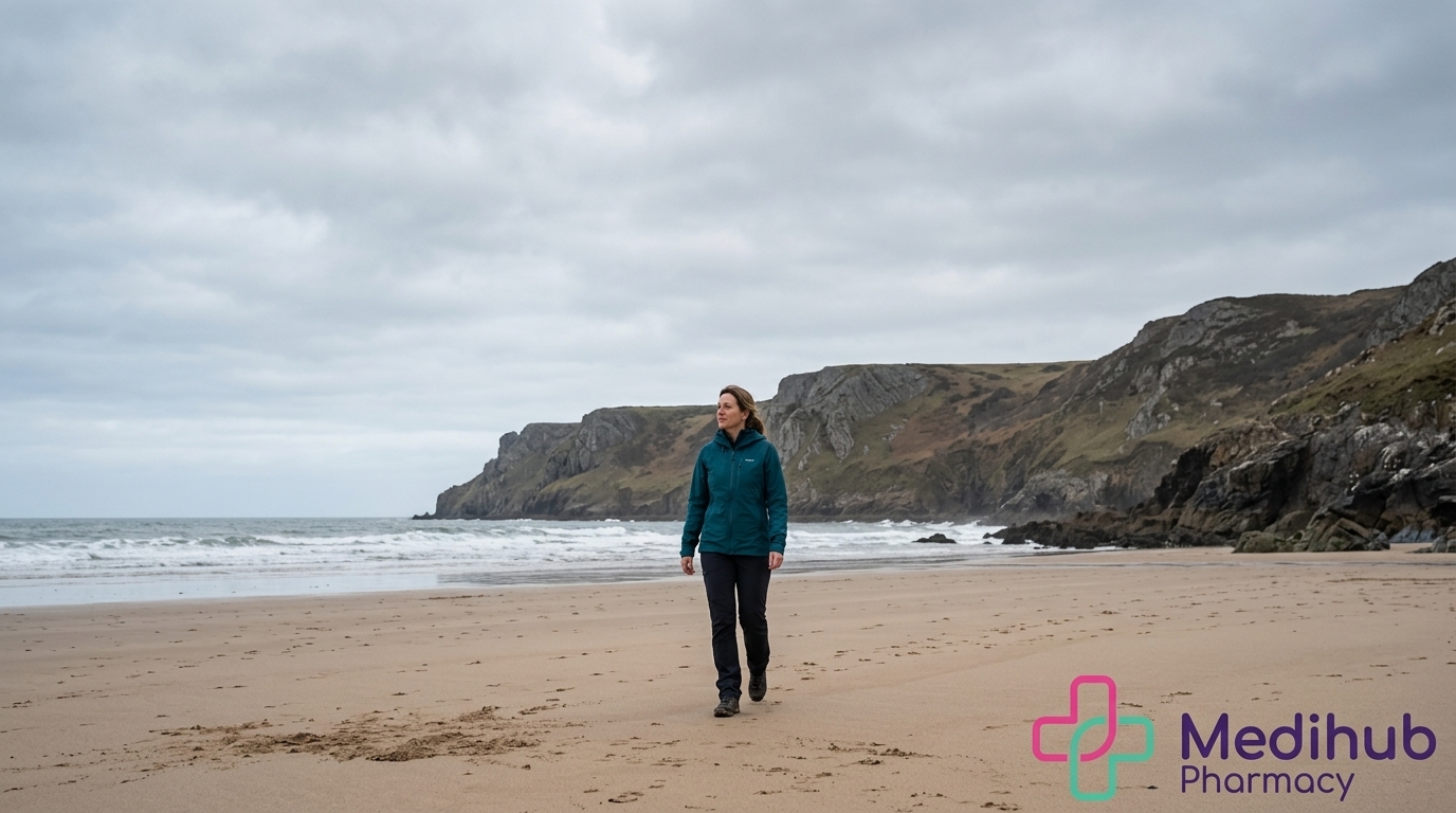 A woman walking confidently on a Gower Peninsula beach near Swansea, representing the results of Mounjaro treatment at Medihub Pharmacy