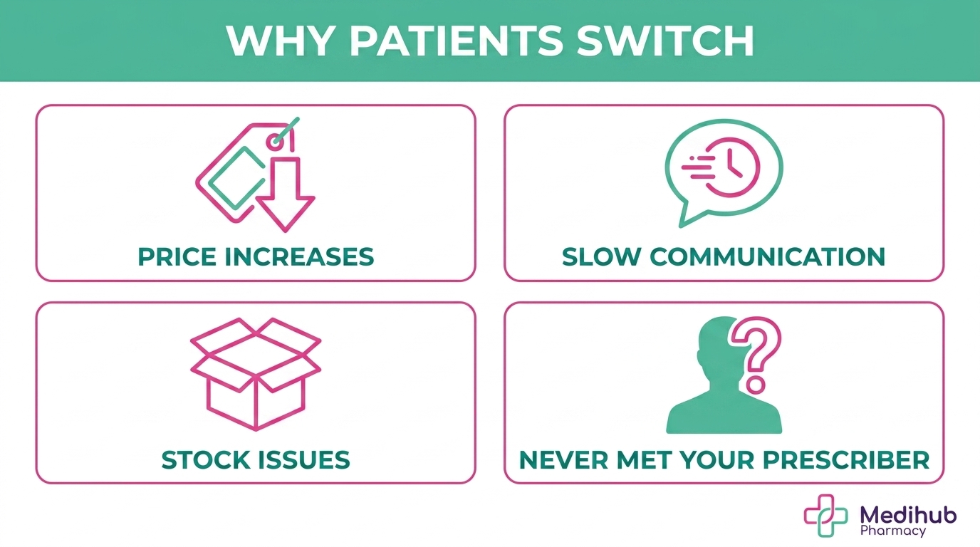 Infographic showing four common reasons Mounjaro patients switch providers: price increases, slow communication, stock issues, and never meeting their prescriber, from Medihub Pharmacy Swansea