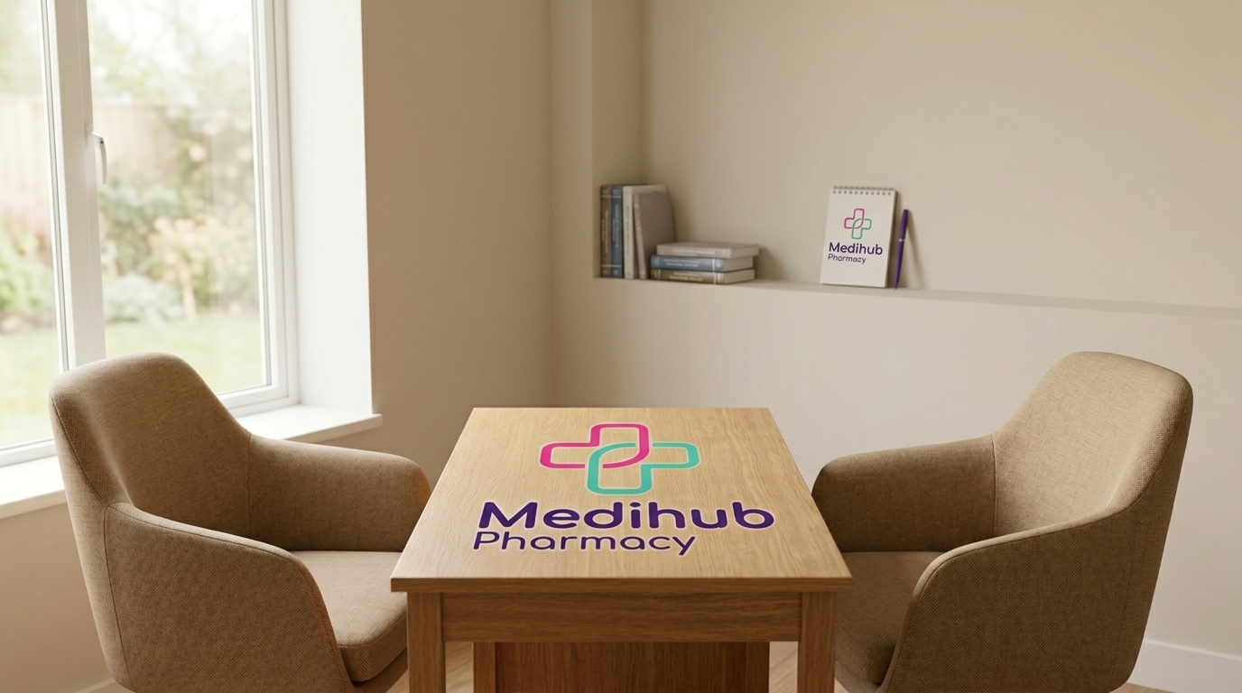 A calm private consultation room at Medihub Pharmacy Swansea where switching Mounjaro patients attend face-to-face appointments with a GPhC-registered Independent Prescriber