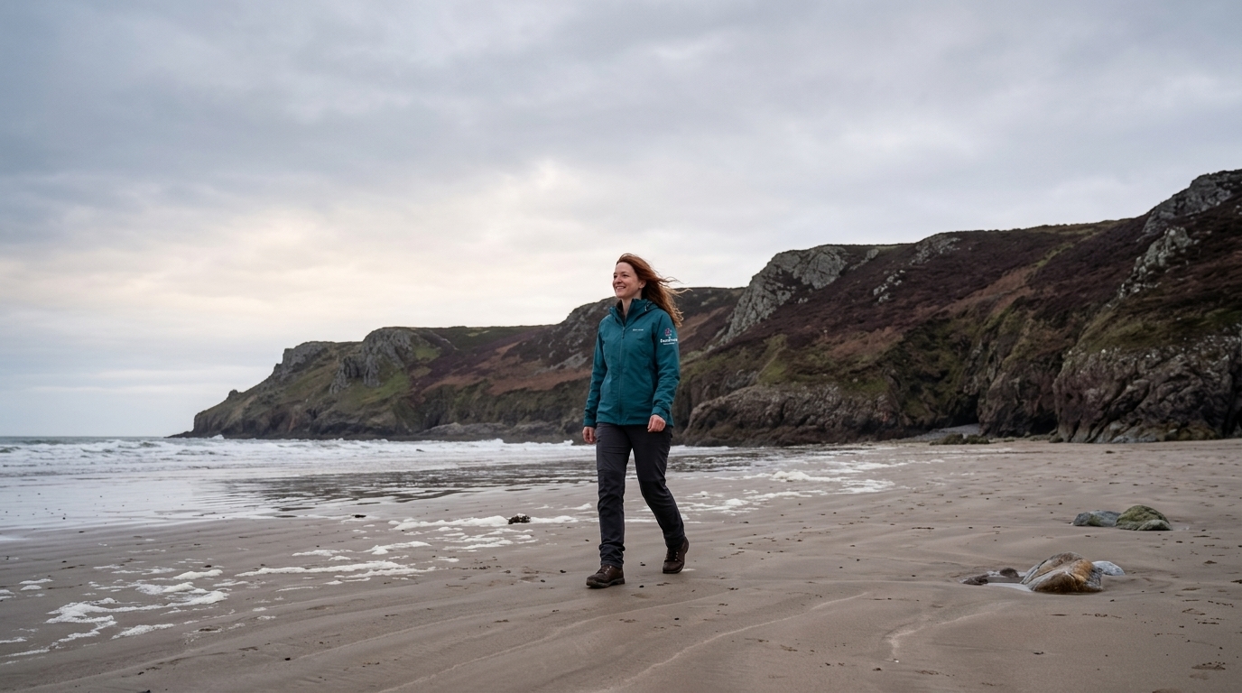 A woman walking confidently on a sandy Gower Peninsula beach near Swansea, representing the continued results of Mounjaro treatment after switching provider to Medihub Pharmacy