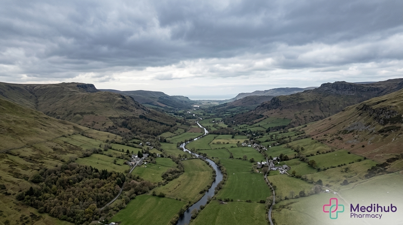 Aerial view of the Neath Valley in South Wales, representing the local area served by Medihub Pharmacy Pontarddulais for Mounjaro weight loss treatment near Neath