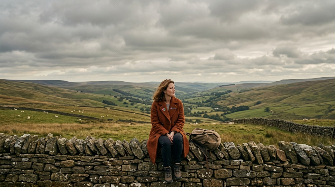 A woman sitting on a dry stone wall on a Welsh hillside near Neath, representing the results of Mounjaro weight loss treatment at Medihub Pharmacy Pontarddulais