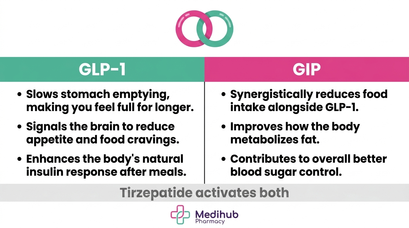 Infographic explaining Mounjaro's dual GLP-1 and GIP mechanism of action for type 2 diabetes patients at Medihub Pharmacy Swansea, showing how each hormone pathway contributes to weight loss and blood sugar control