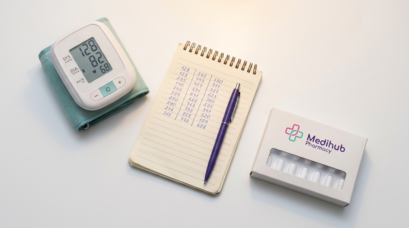 A blood pressure monitor, notebook with health records, and medication box representing the monthly face-to-face clinical monitoring included in Mounjaro treatment at Medihub Pharmacy Swansea for type 2 diabetes patients