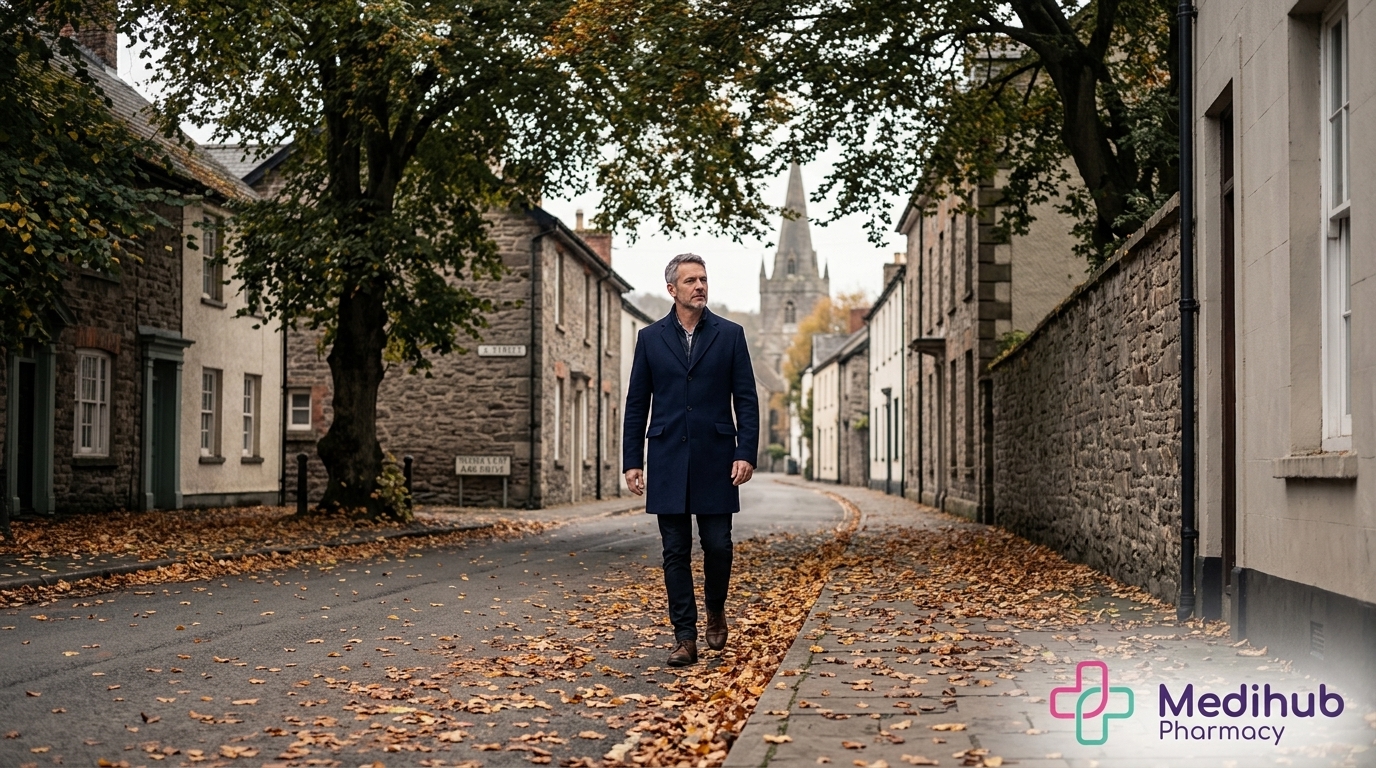 A man walking confidently through a tree-lined street in Swansea, representing the weight loss and improved wellbeing achieved by type 2 diabetes patients through Mounjaro treatment at Medihub Pharmacy