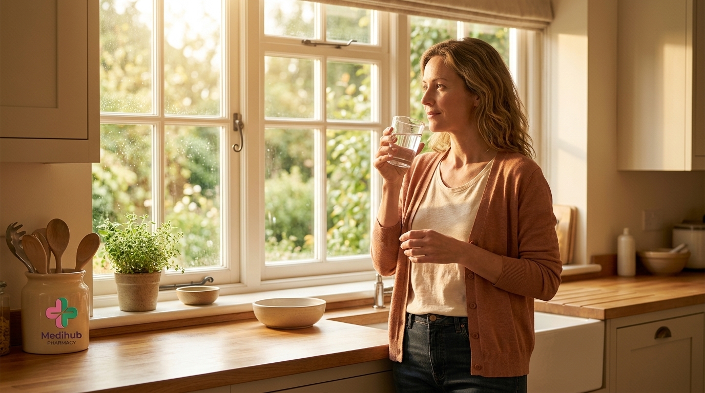 Woman in morning routine representing improved wellbeing through Mounjaro weight management for type 2 diabetes — Medihub Pharmacy Swansea
