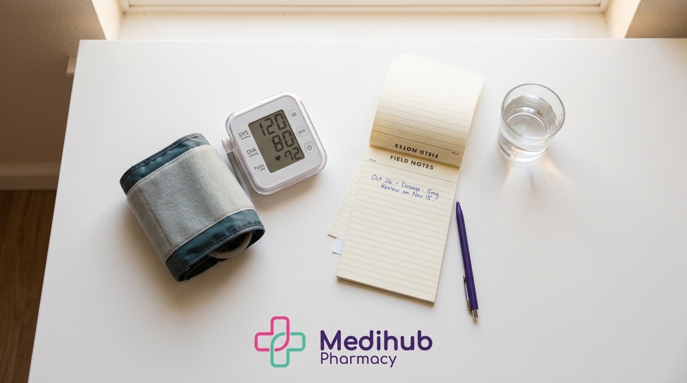 A blood pressure cuff, prescription notepad, and glass of water representing what is covered at a first Mounjaro appointment at Medihub Pharmacy Pontarddulais for patients from Llanelli