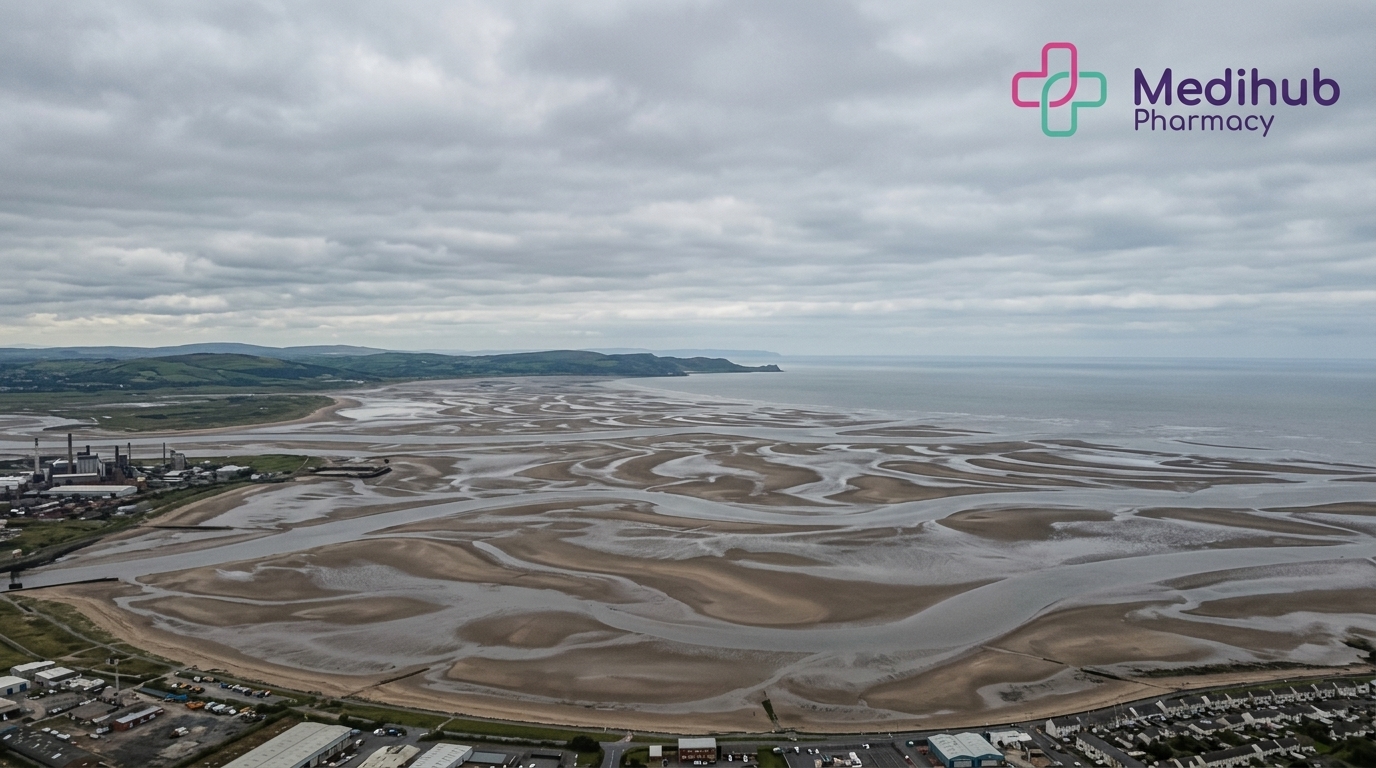 Aerial view of Carmarthen Bay near Llanelli, representing the local area served by Medihub Pharmacy Pontarddulais for face-to-face Mounjaro weight loss treatment