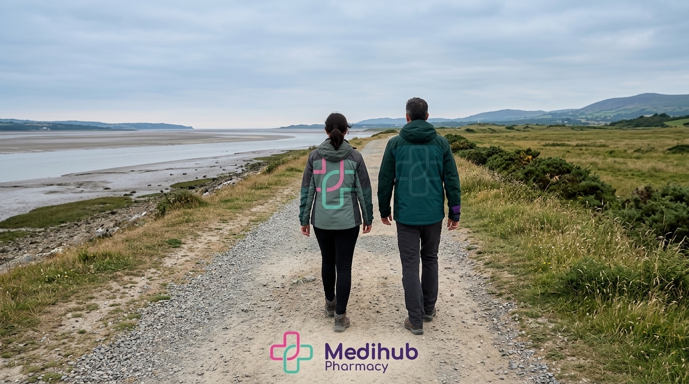 A couple walking confidently along a coastal path near Llanelli, representing the improved wellbeing and weight loss results of Mounjaro treatment at Medihub Pharmacy Pontarddulais