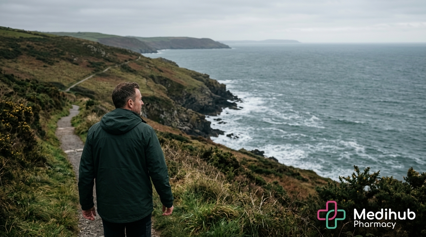 A man walking confidently along a coastal path near Port Talbot, representing the weight loss and improved wellbeing achieved through Mounjaro treatment at Medihub Pharmacy Pontarddulais