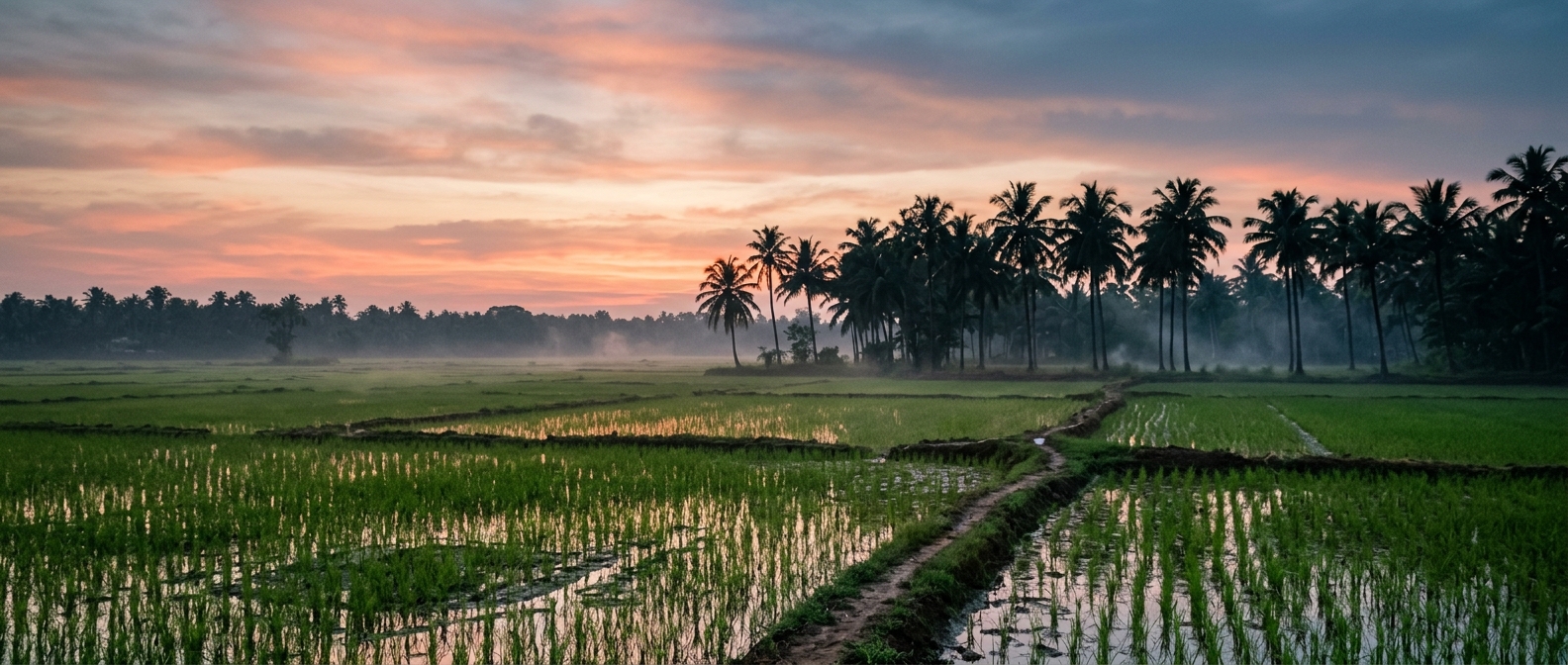 Rural India paddy fields at dusk - bite avoidance and malaria tablets for India