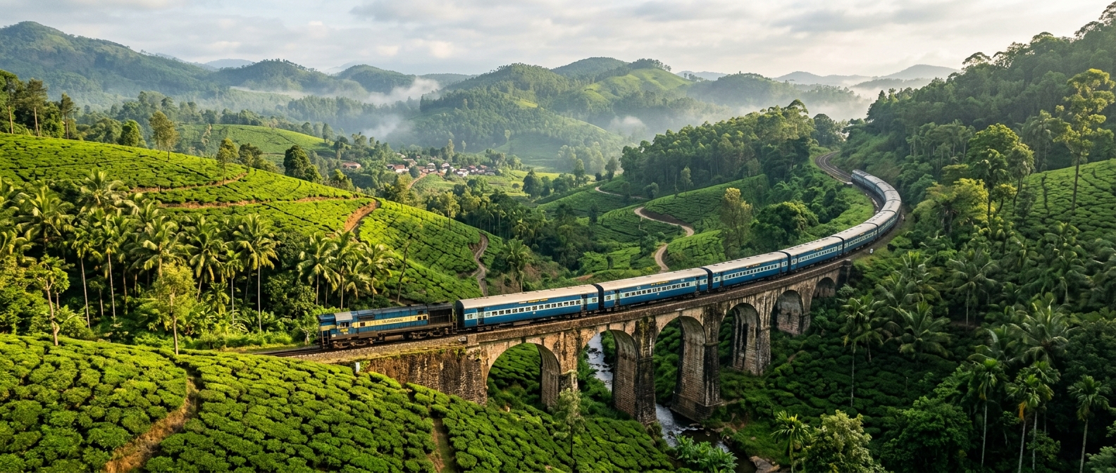 Scenic India train journey through green hills - planning your India vaccinations timeline