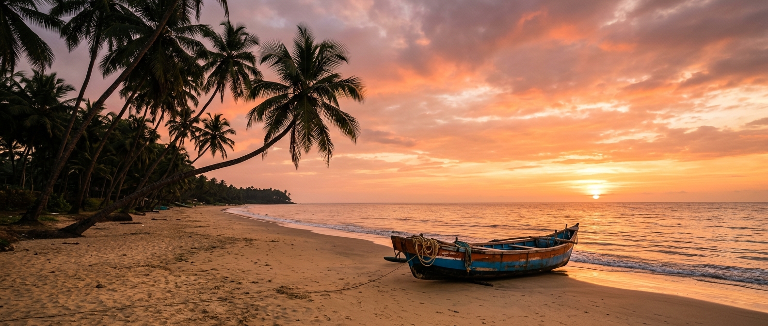 Goa beach sunset with palms and fishing boat - staying well on a Goa holiday