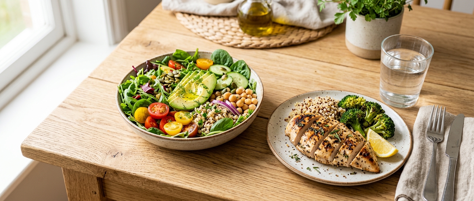 A healthy balanced meal alongside the Wegovy pill for weight loss at Medihub Pharmacy Swansea