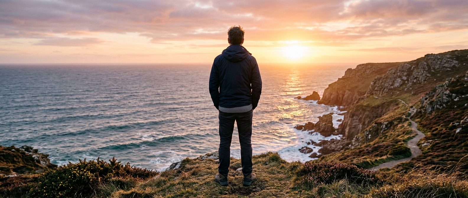 A man looking out to sea at golden hour - renewed wellbeing with TRT at Medihub Pharmacy Swansea