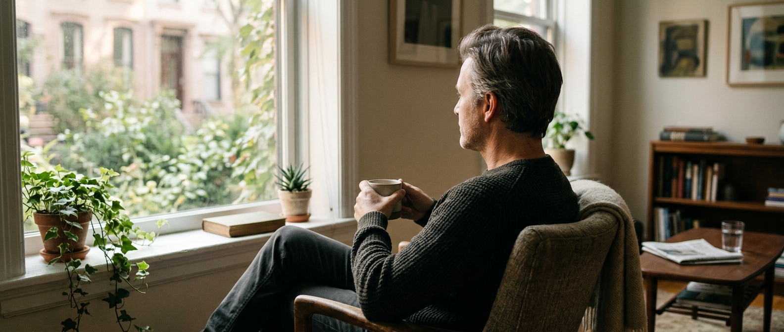 A relaxed, confident man at home - Testosterone Replacement Therapy (TRT) for men in Swansea at Medihub Pharmacy