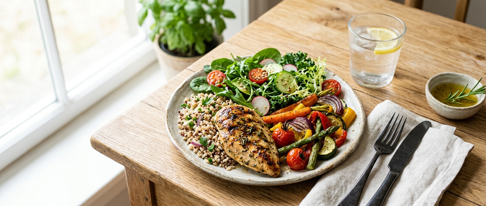 A healthy balanced meal alongside Foundayo weight loss treatment at Medihub Pharmacy Swansea