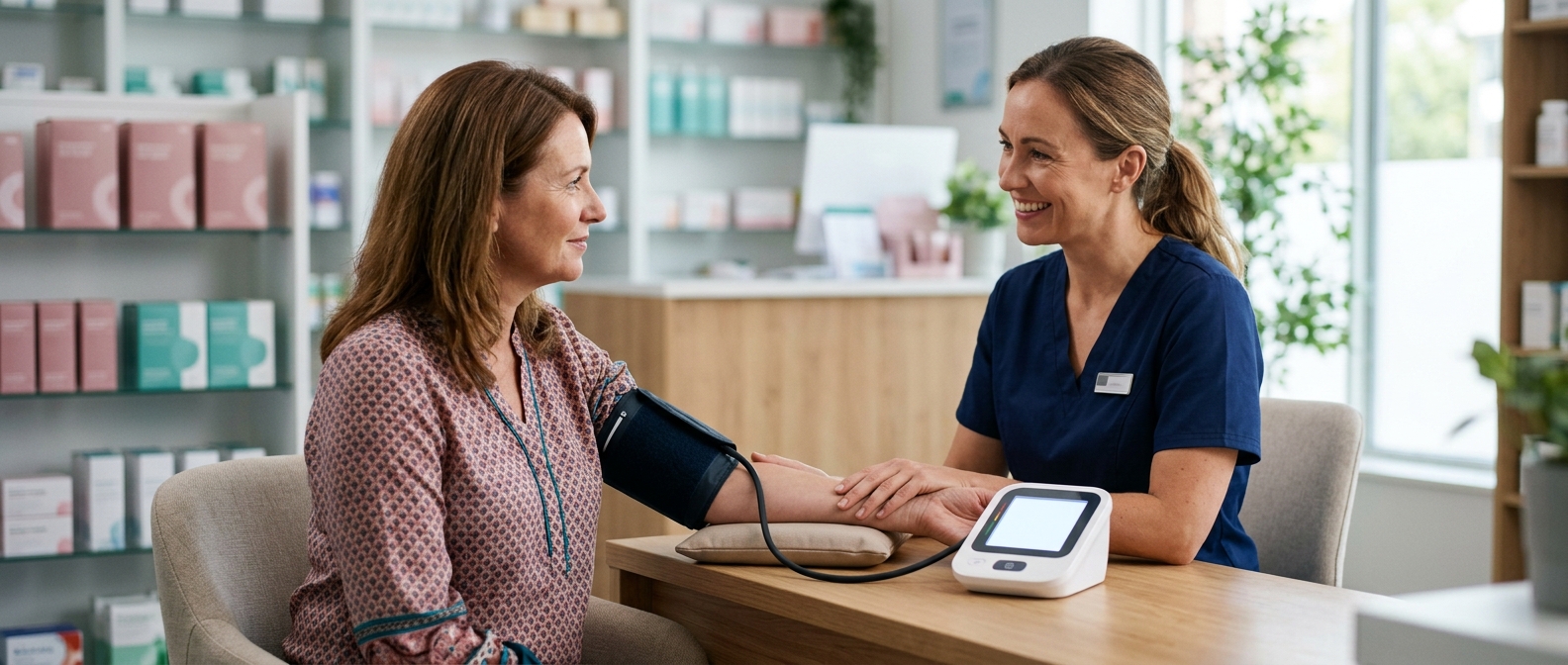 A blood pressure check during a pharmacy consultation at Medihub Pharmacy, Swansea
