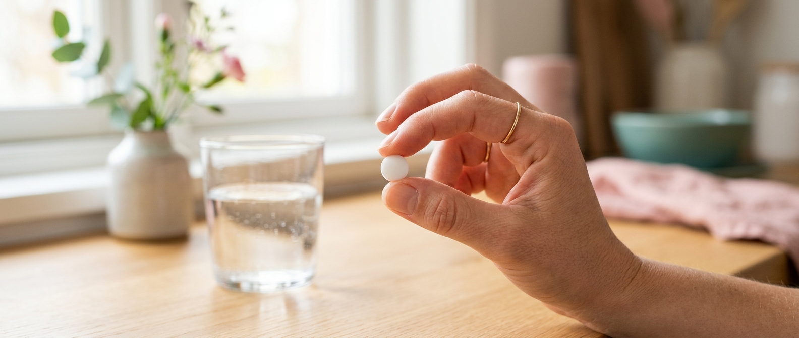 A single once-daily Foundayo tablet with a glass of water, taken any time of day, Medihub Pharmacy Swansea