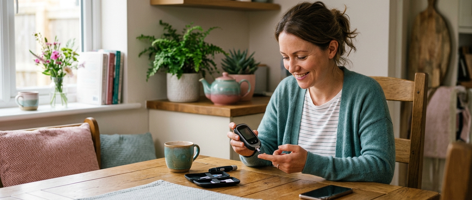 A person checking their blood sugar with a glucose meter, managing type 2 diabetes