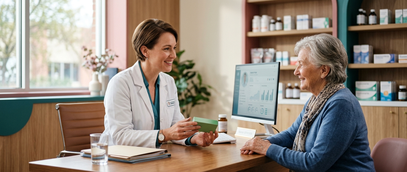 A pharmacist discussing Foundayo with a patient during a consultation at Medihub Pharmacy, Swansea