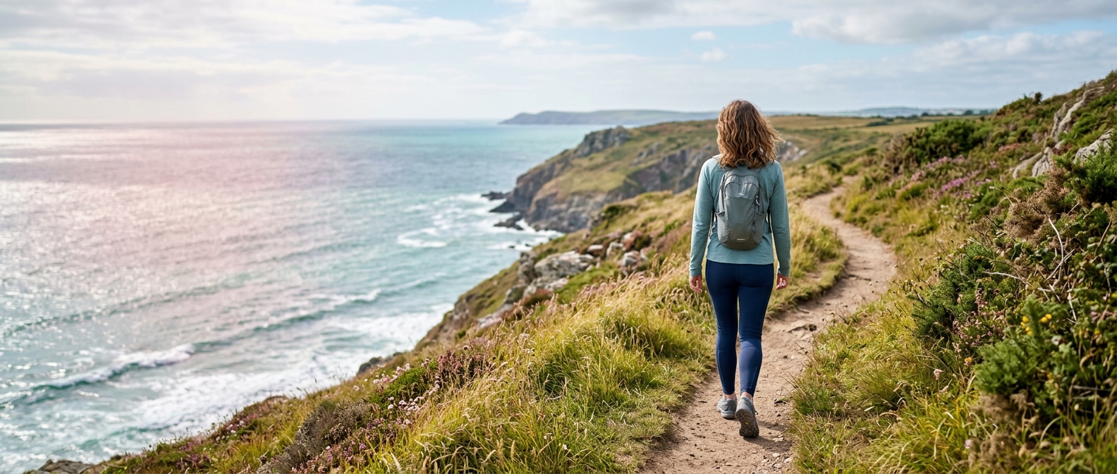 A person walking a coastal path, representing maintaining weight loss after switching to Foundayo