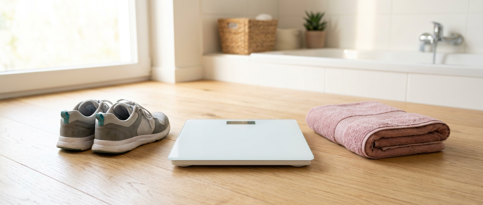 Bathroom scales and trainers at home, representing keeping weight steady after switching treatment