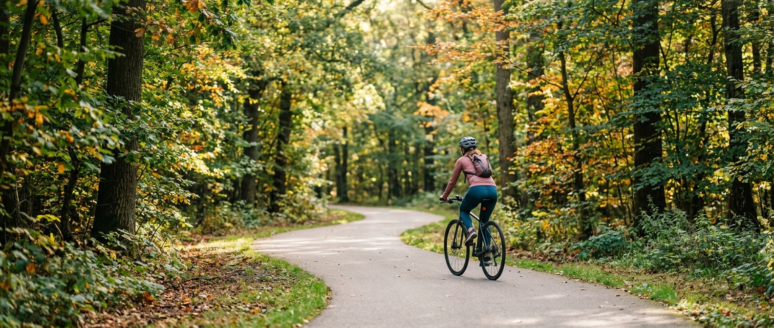 A person cycling in a park, representing staying active alongside a once-daily weight loss tablet