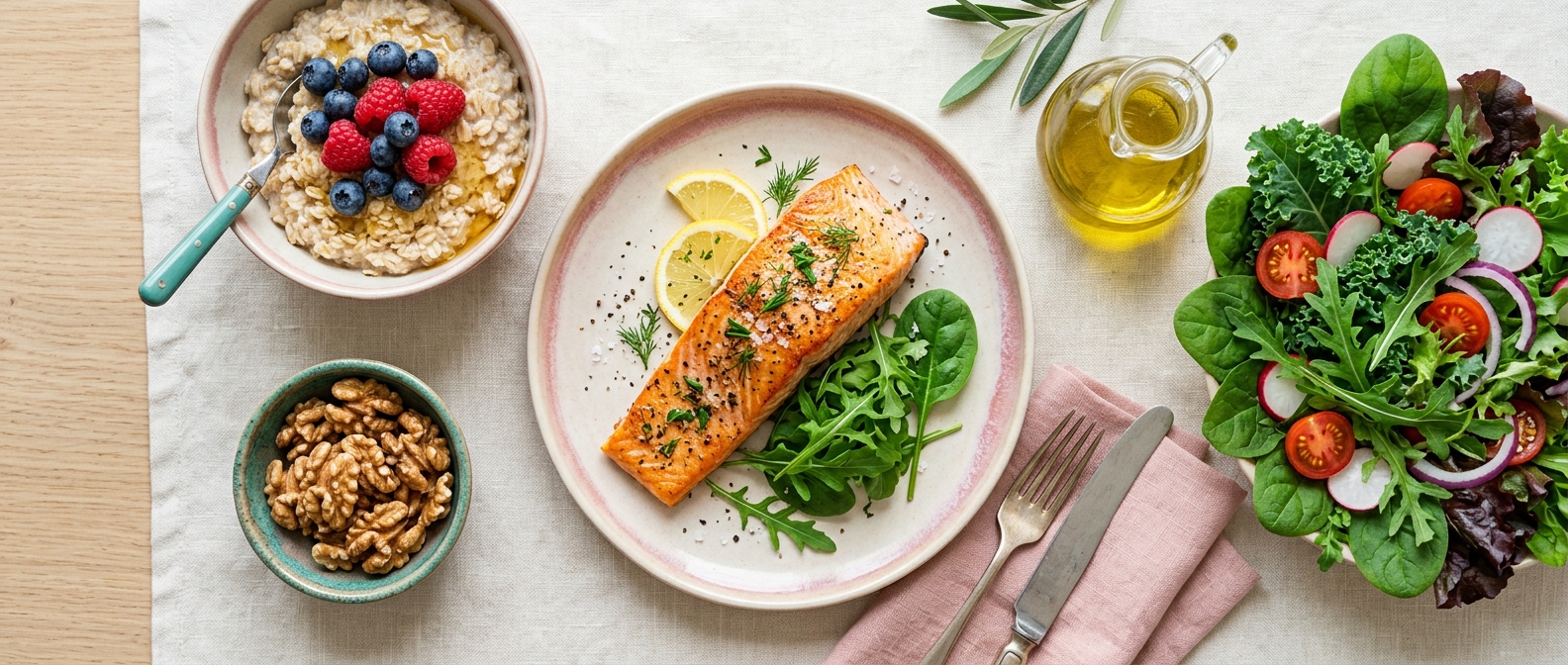 Heart-healthy foods including salmon, oats, berries and walnuts