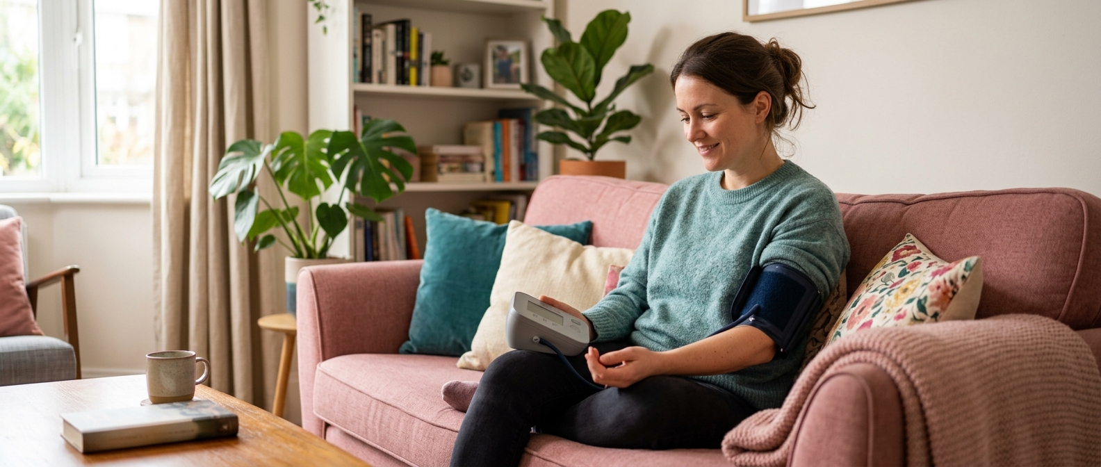 A person checking their blood pressure at home with a home monitor