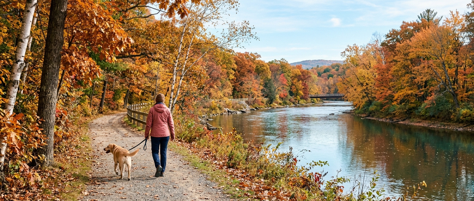 A person walking a dog by a river, representing staying active while managing type 2 diabetes