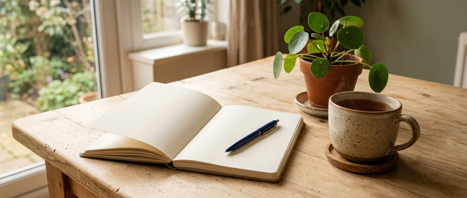 An open notebook and a cup of tea, representing planning a switch to Foundayo