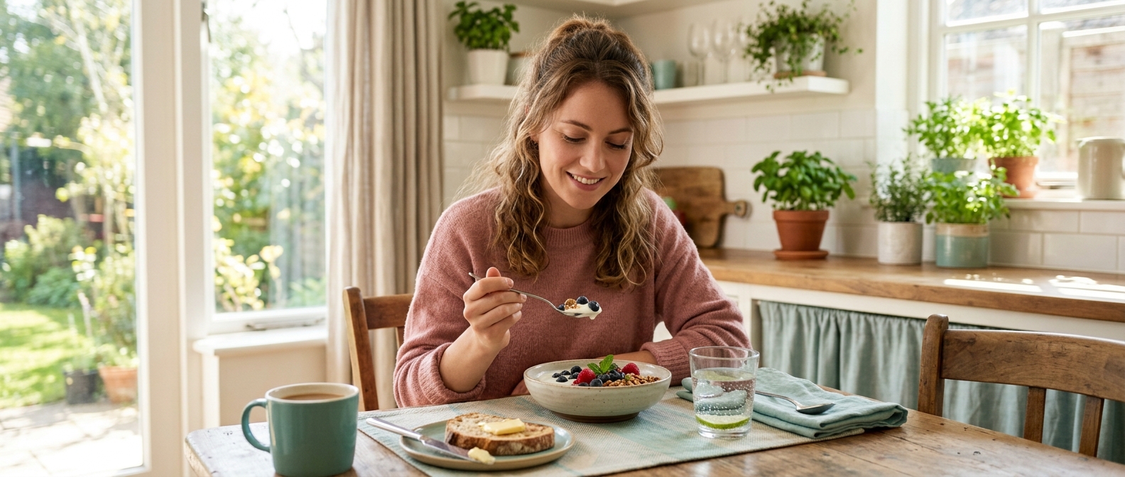 A person enjoying breakfast, representing that Foundayo has no food or water rules