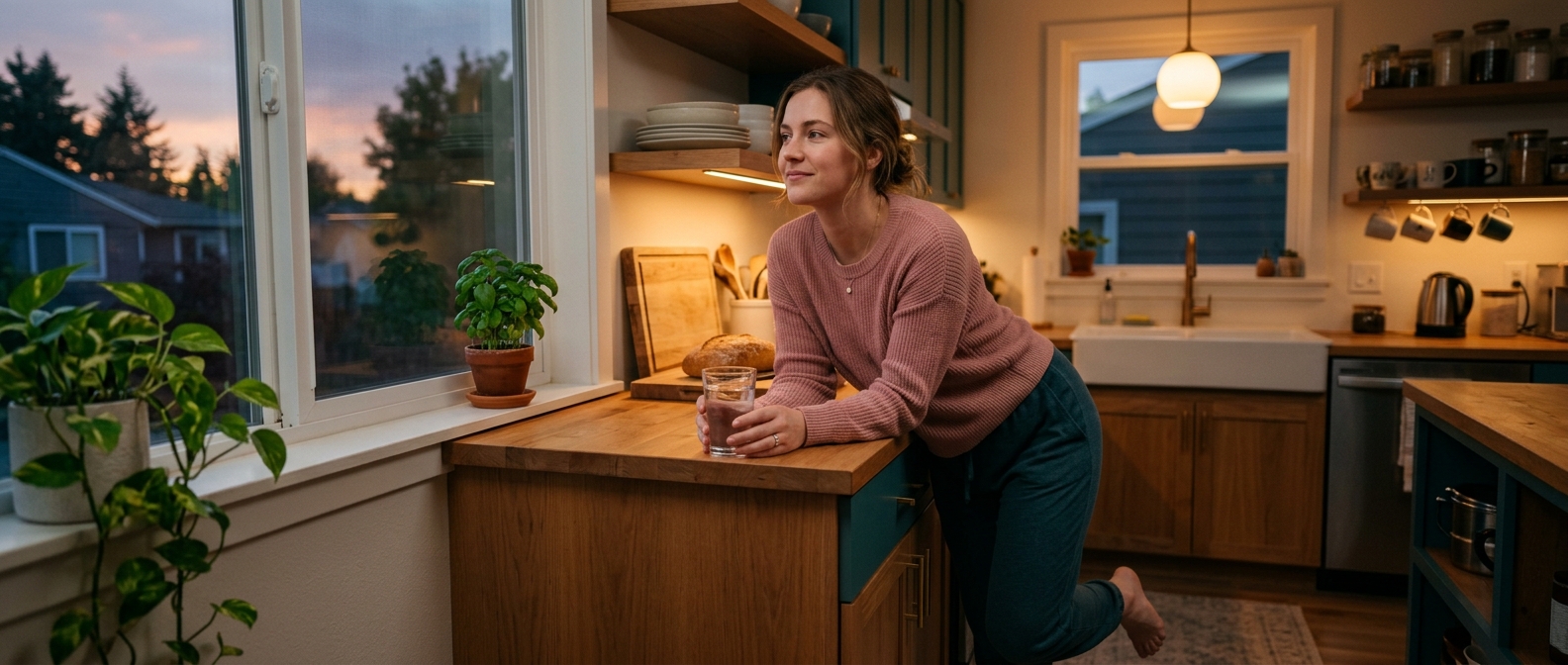 A person relaxing at home in the evening, representing a daily treatment that fits any time of day
